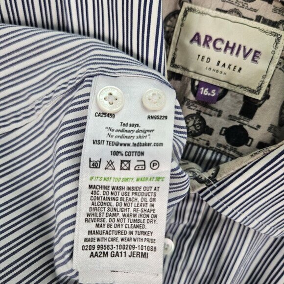 Ted Baker Archive Dress Shirt Blue White Striped Long Sleeve Men's Size 16.5 - Picture 8 of 10